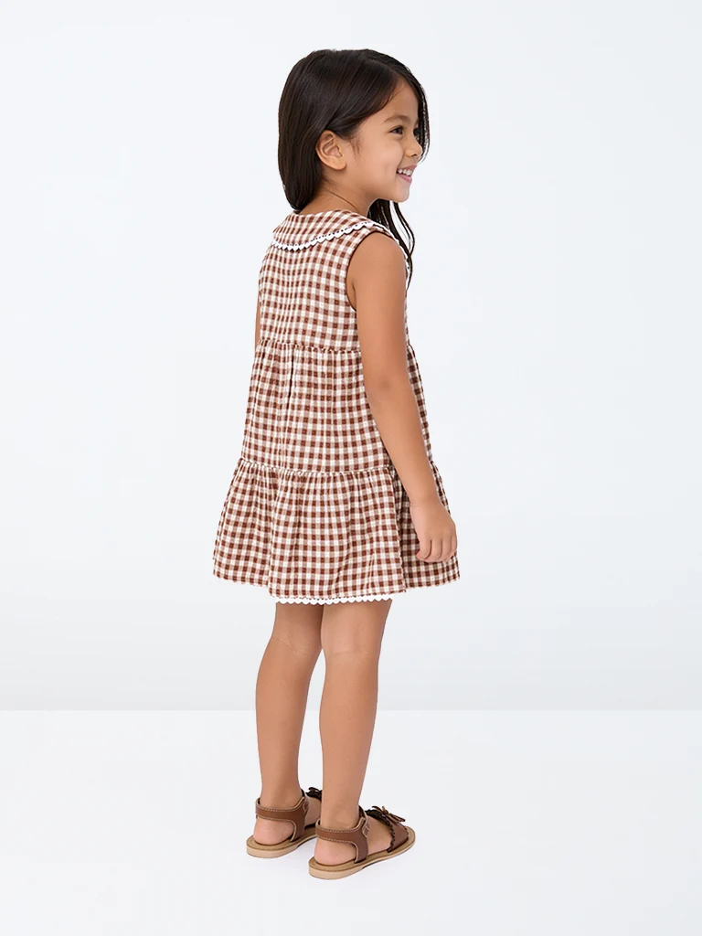 Kids Girls Brown Gingham Checkered Cotton A-Line Dress